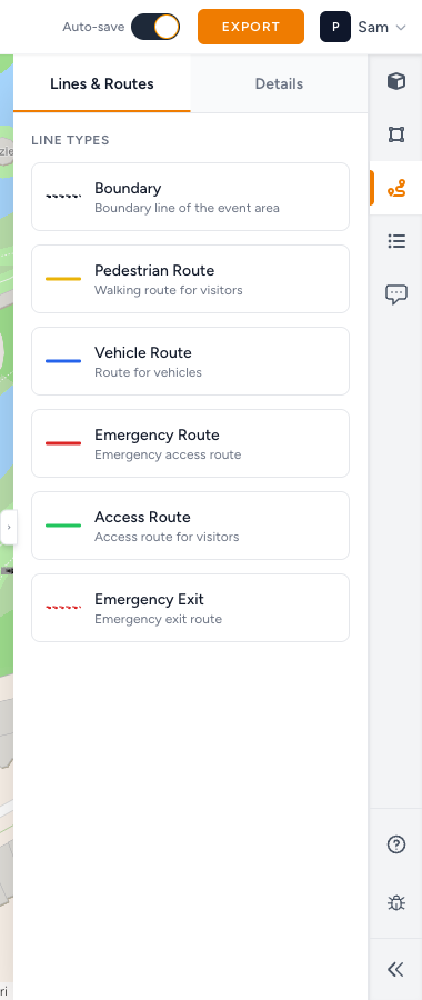 Lines and Routes panel listing the route types you can draw