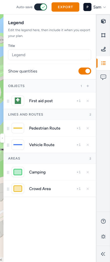 Legend sidebar — Title, Show quantities, Pedestrian Route, Vehicle Route, Camping, Crowd Area
