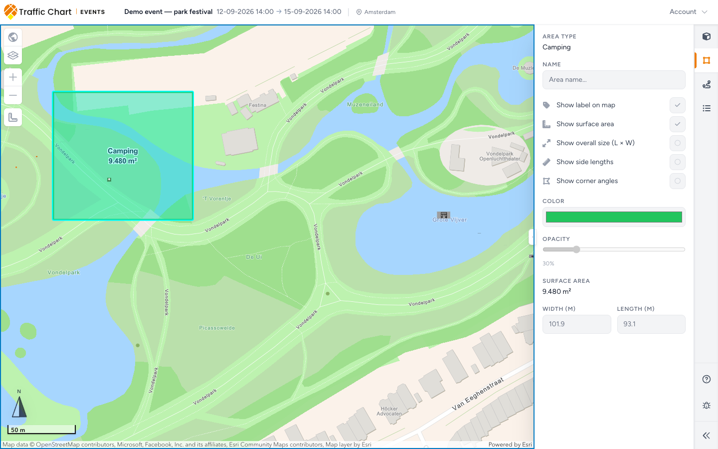 A visitor without an account on a shared event plan: the map, the plan's name and dates, and read-only Details for an area they clicked