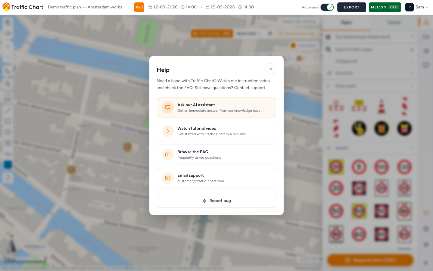 Help dialog with Ask our AI assistant at the top, above Watch tutorial video, Browse the FAQ, and Email support