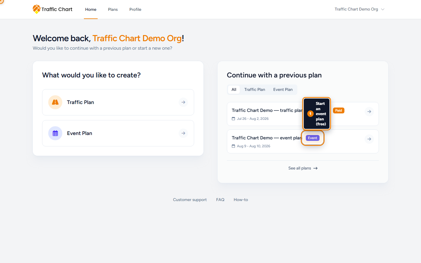 still — home: create cards + previous plans (PRO org)
