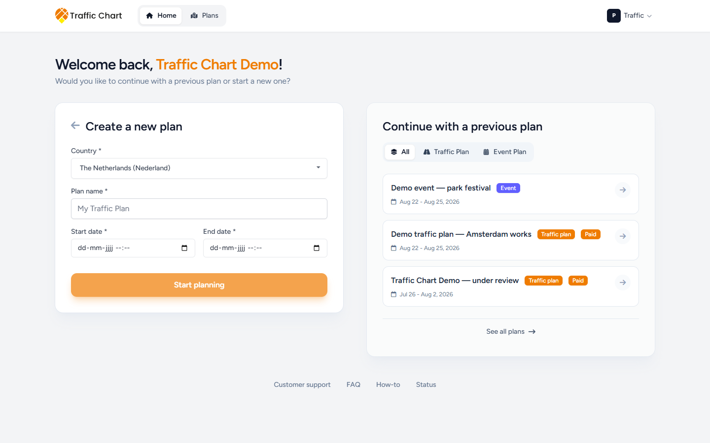 Create a new traffic plan form with Country, Plan name, Start date, End date, and Start planning