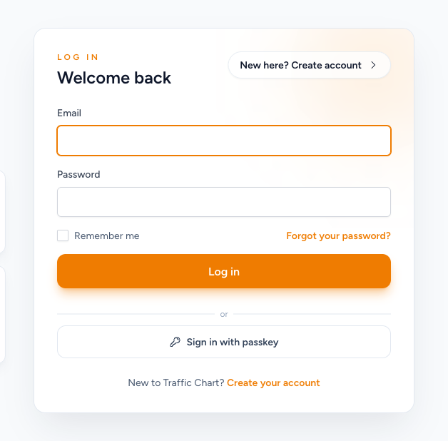 Login card with Email, Password, Log in, and Sign in with passkey