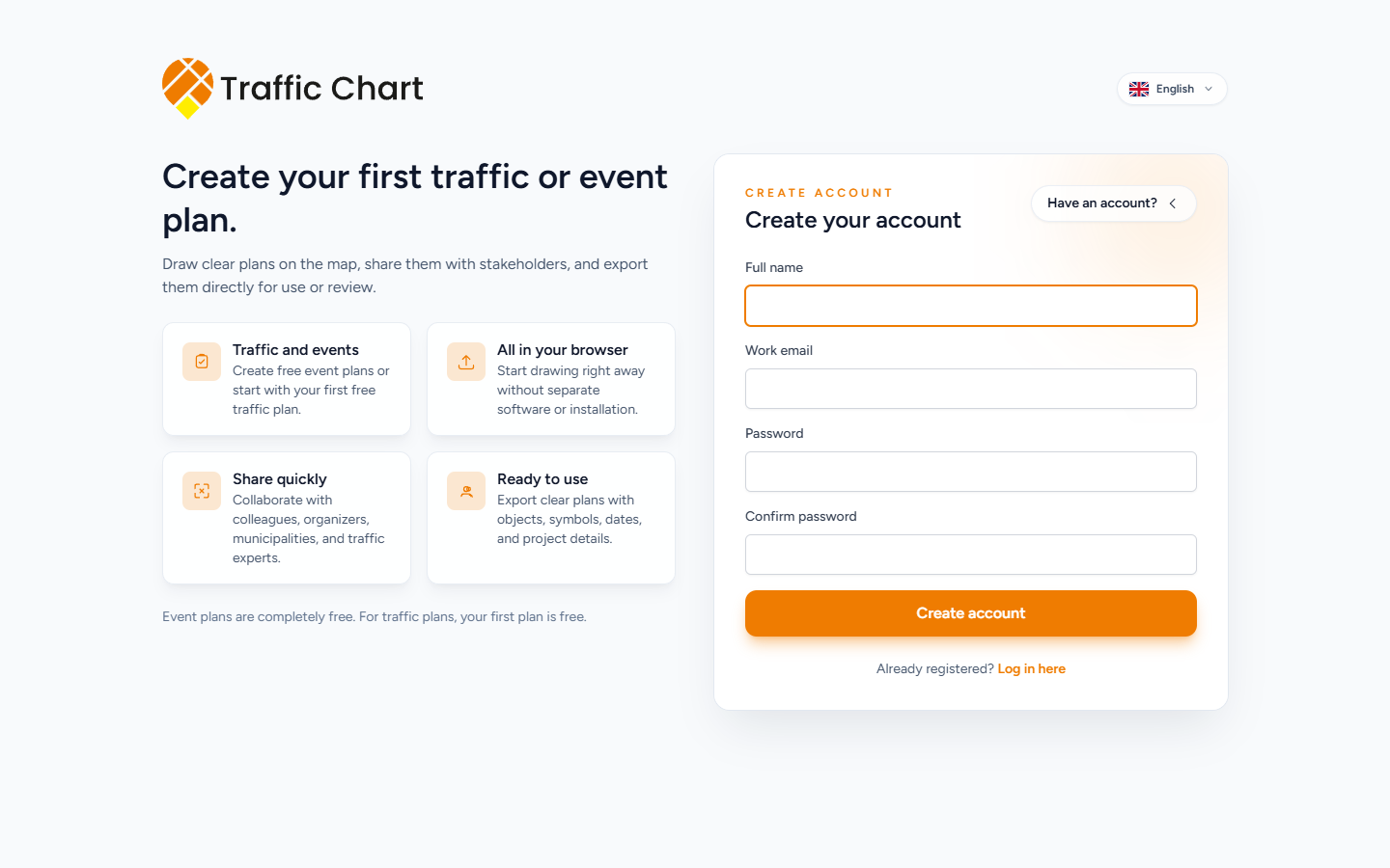 Create account page with Full name, Work email, Confirm password, and Create your account