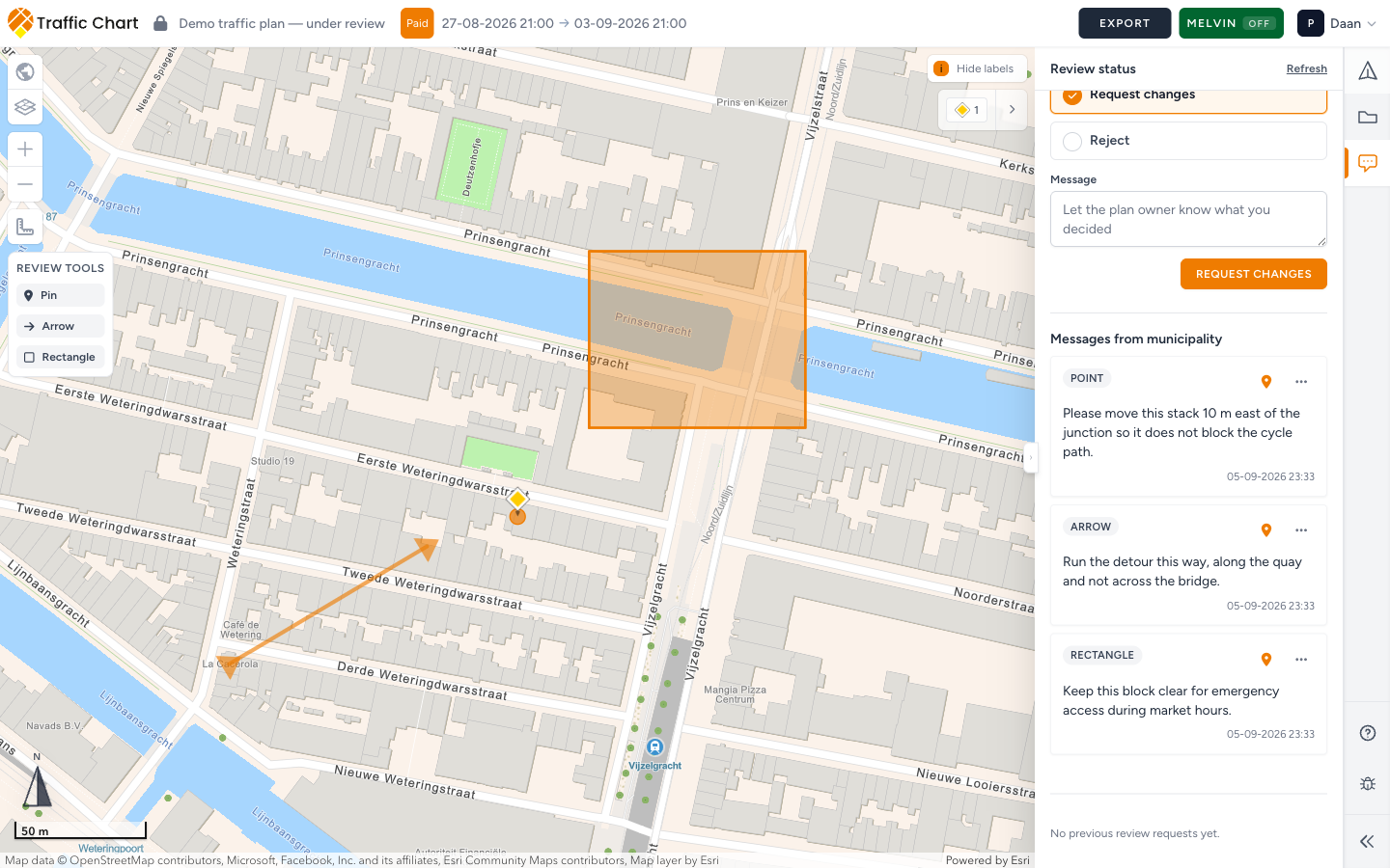 Saved pin, arrow, and rectangle comments on the map