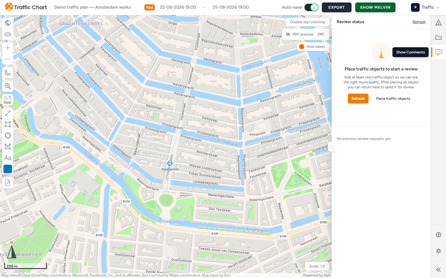 Comments panel — Place traffic objects to start a review