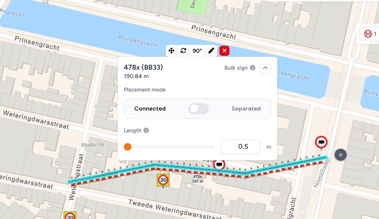 Toolbar on a selected bulk line: Move, Rotate line, 90°, Edit sign and Remove, above the line's quantity and placement mode