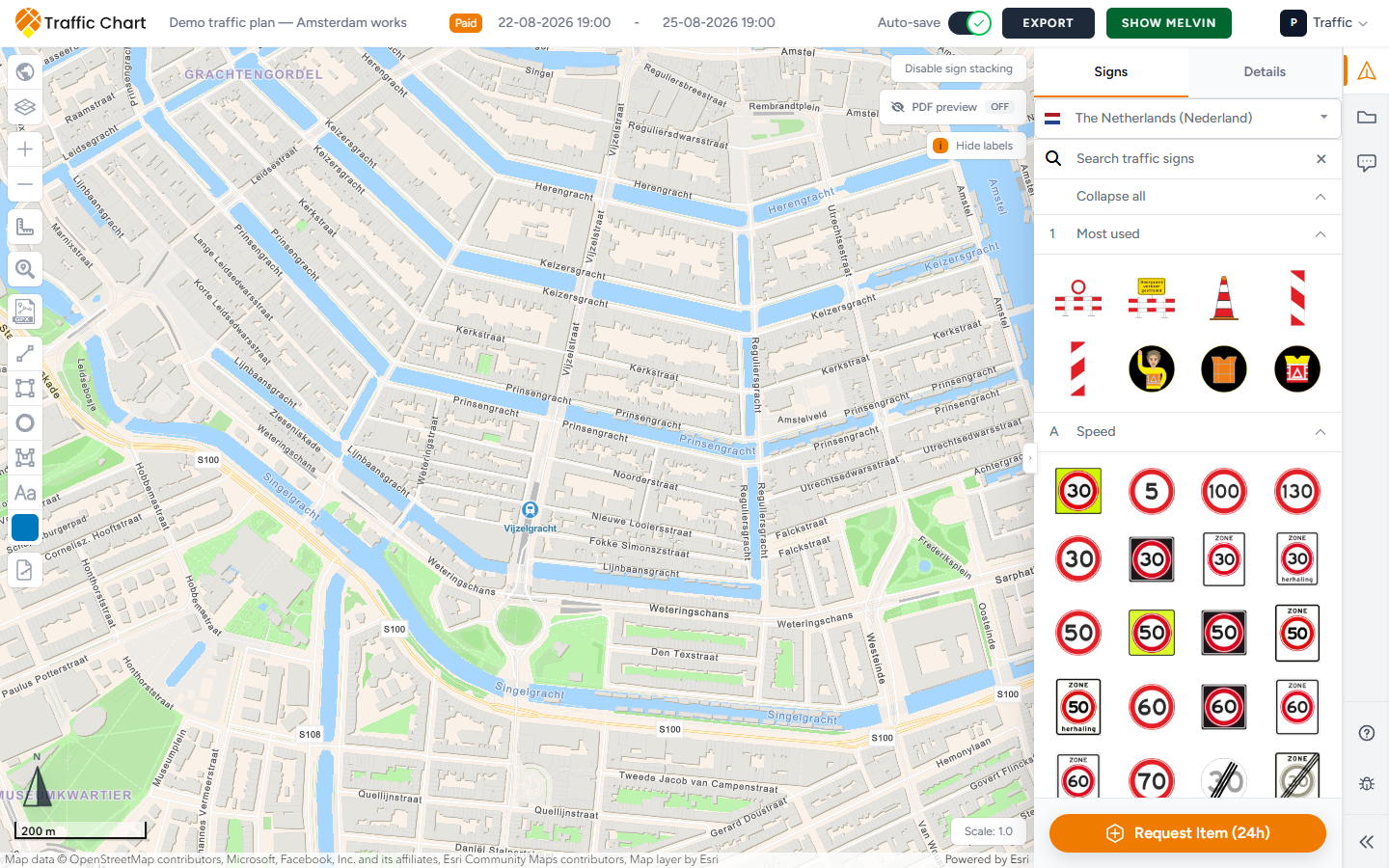 Traffic plan editor after the map has actually painted — Amsterdam tiles visible