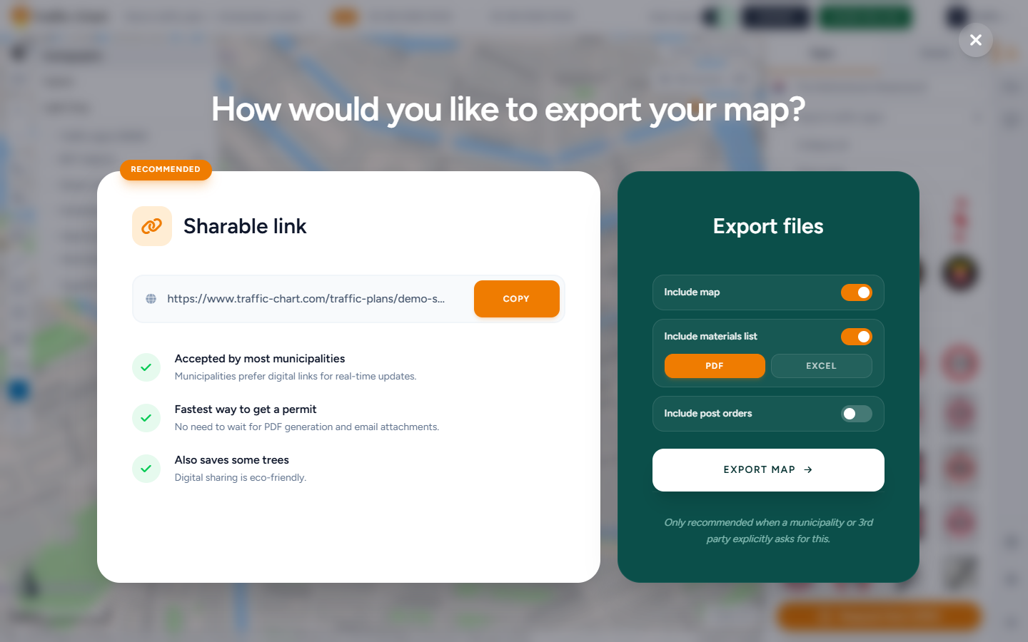 Export choice dialog — Sharable link versus Export files