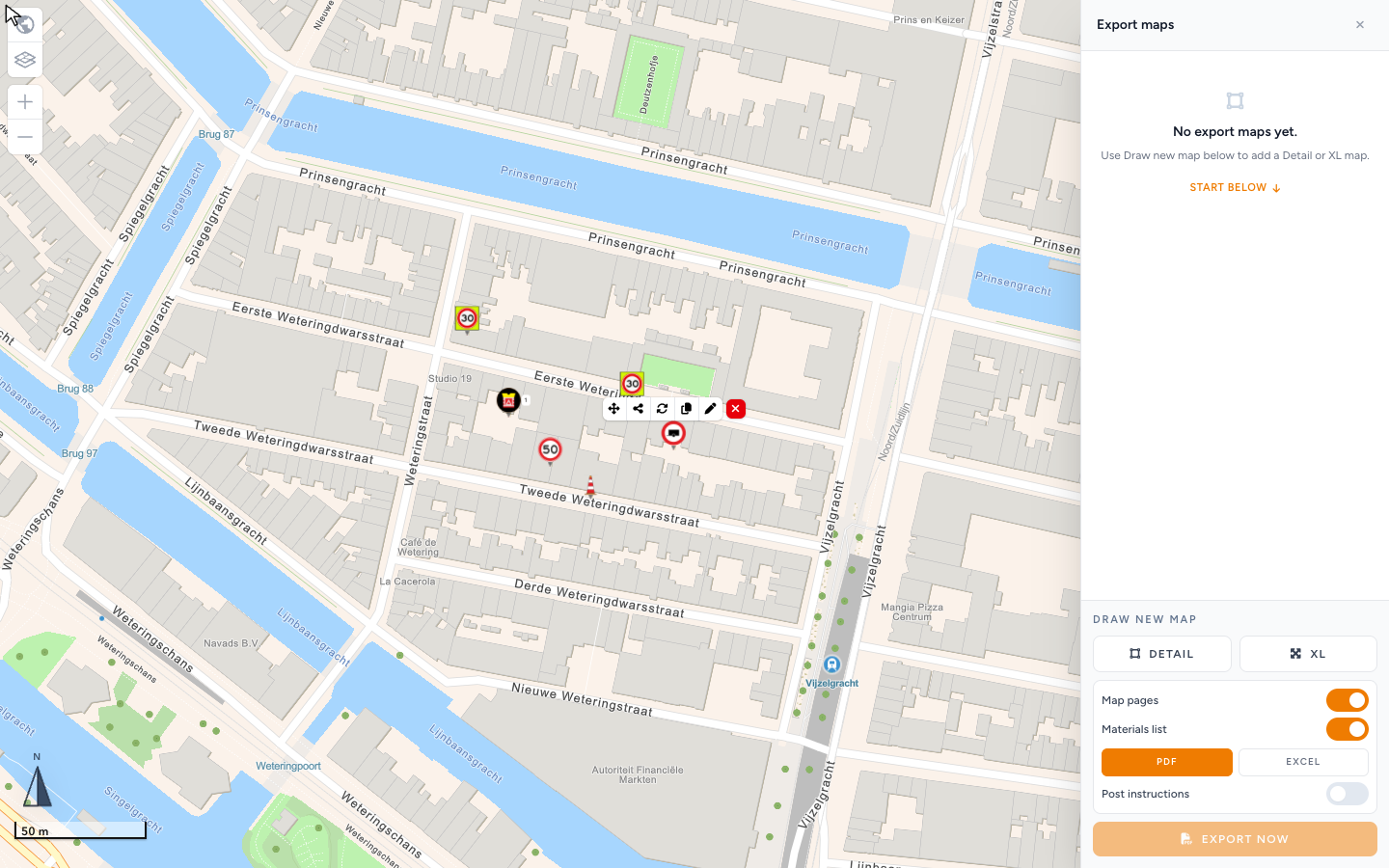 still β map pages, materials list, PDF/Excel toggles