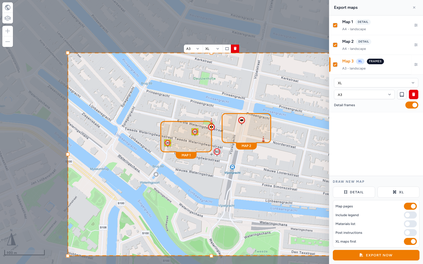 Export maps sidebar with Detail frames on for the XL map: Map 1 and Map 2 as Detail, Map 3 as XL with a Frames badge, and numbered MAP 1 and MAP 2 boxes drawn on the map