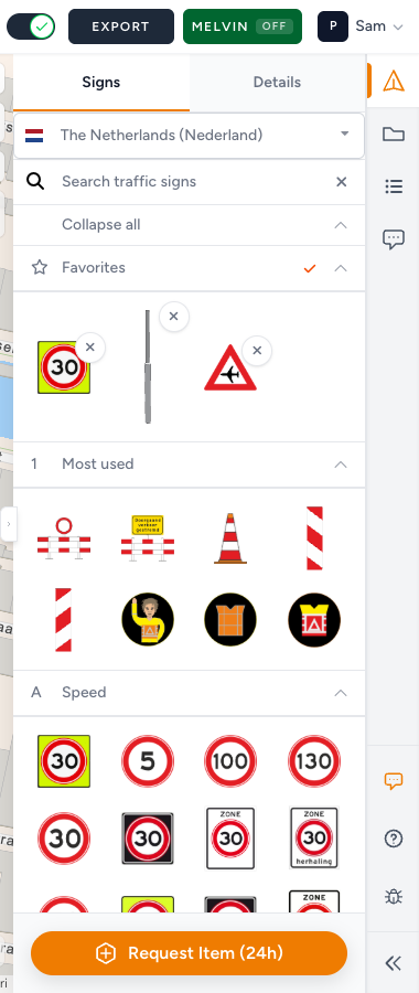 Favorites in edit mode, with a remove button on every starred sign