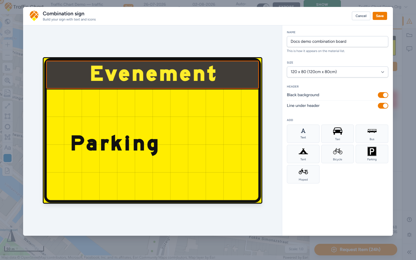 Combination sign board editor — Name, Size, Colour preset, Header, and Add