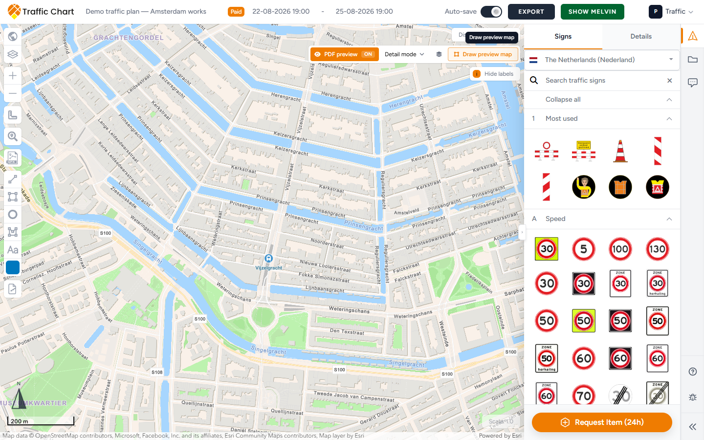 PDF preview On — Detail mode and Draw preview map