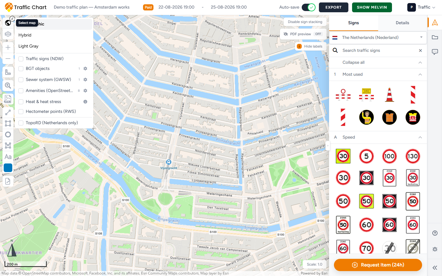 Select map open on a Dutch plan — Traffic signs (NDW), BGT objects, Show Melvin in the header