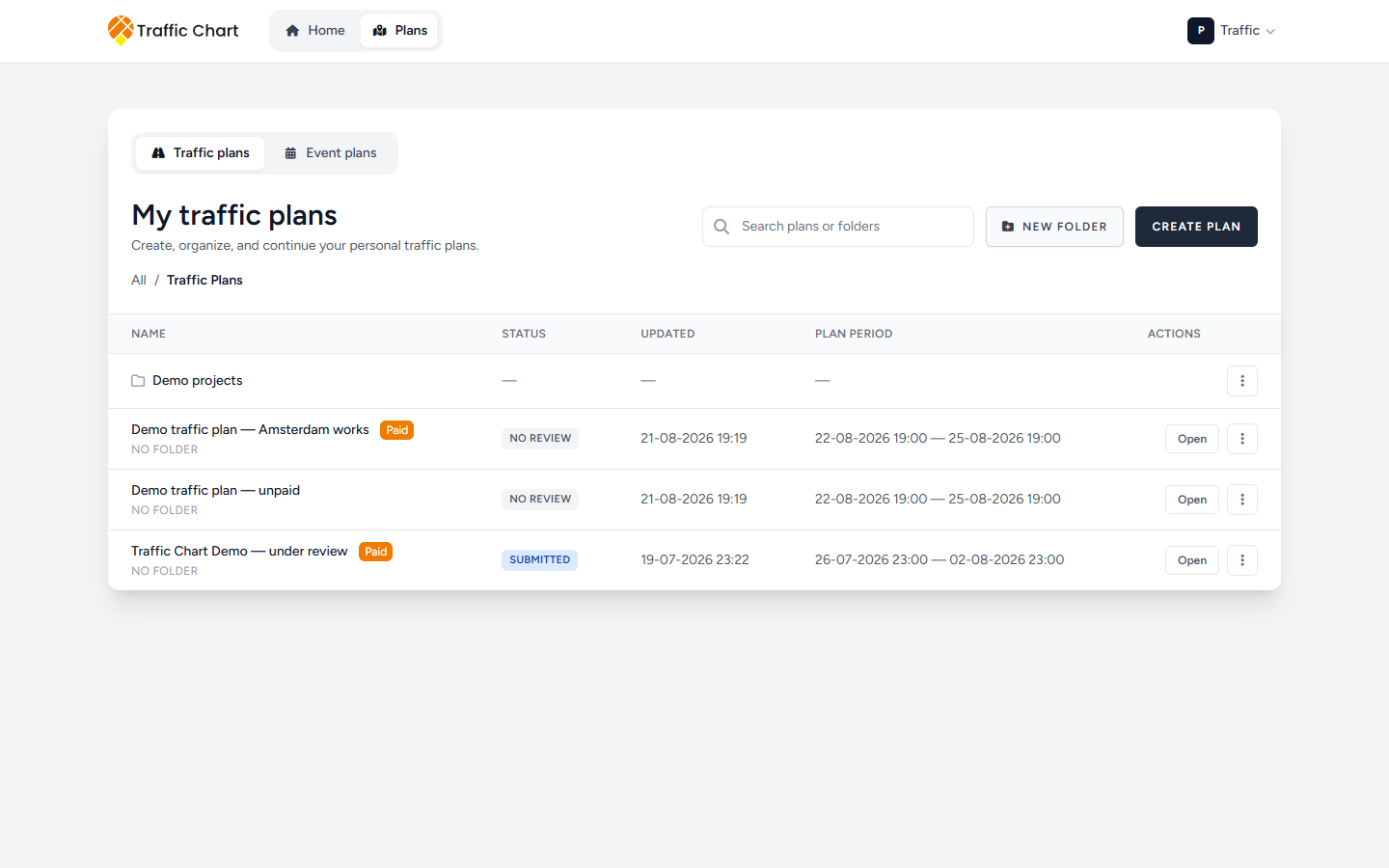 My traffic plans library — search, folders, Traffic plans and Event plans tabs