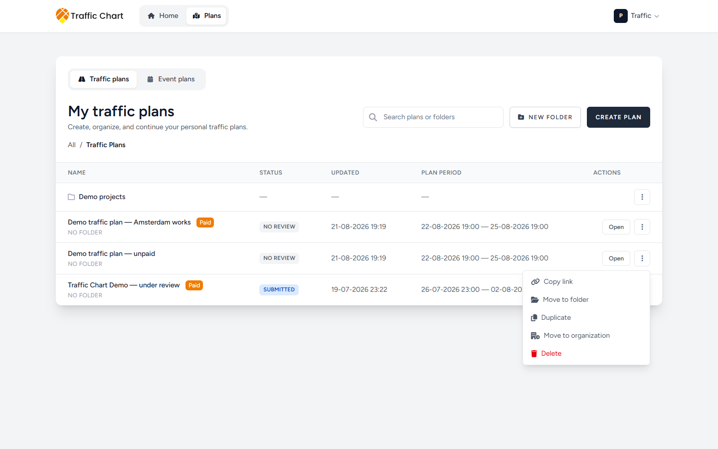 Plan actions menu with Copy link, Move to folder, Duplicate, and Move to organization