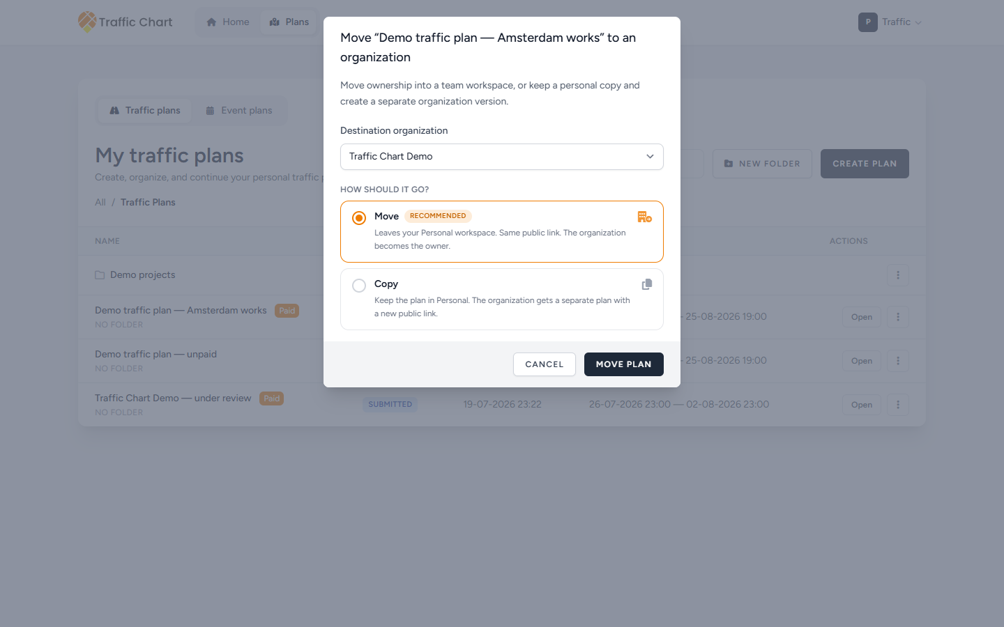 Move “Demo traffic plan — Amsterdam works” to an organization — Move recommended versus Copy
