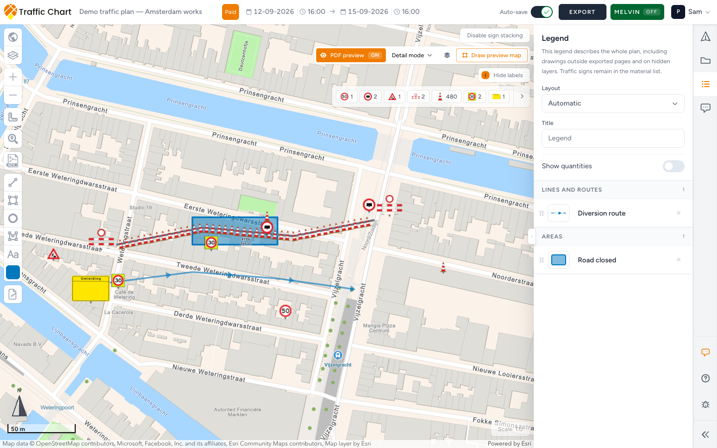 A finished detour plan: closed-road signs and a row of cones on the closed street, a detour line with arrows along the next street, and the Legend reading Diversion route and Road closed