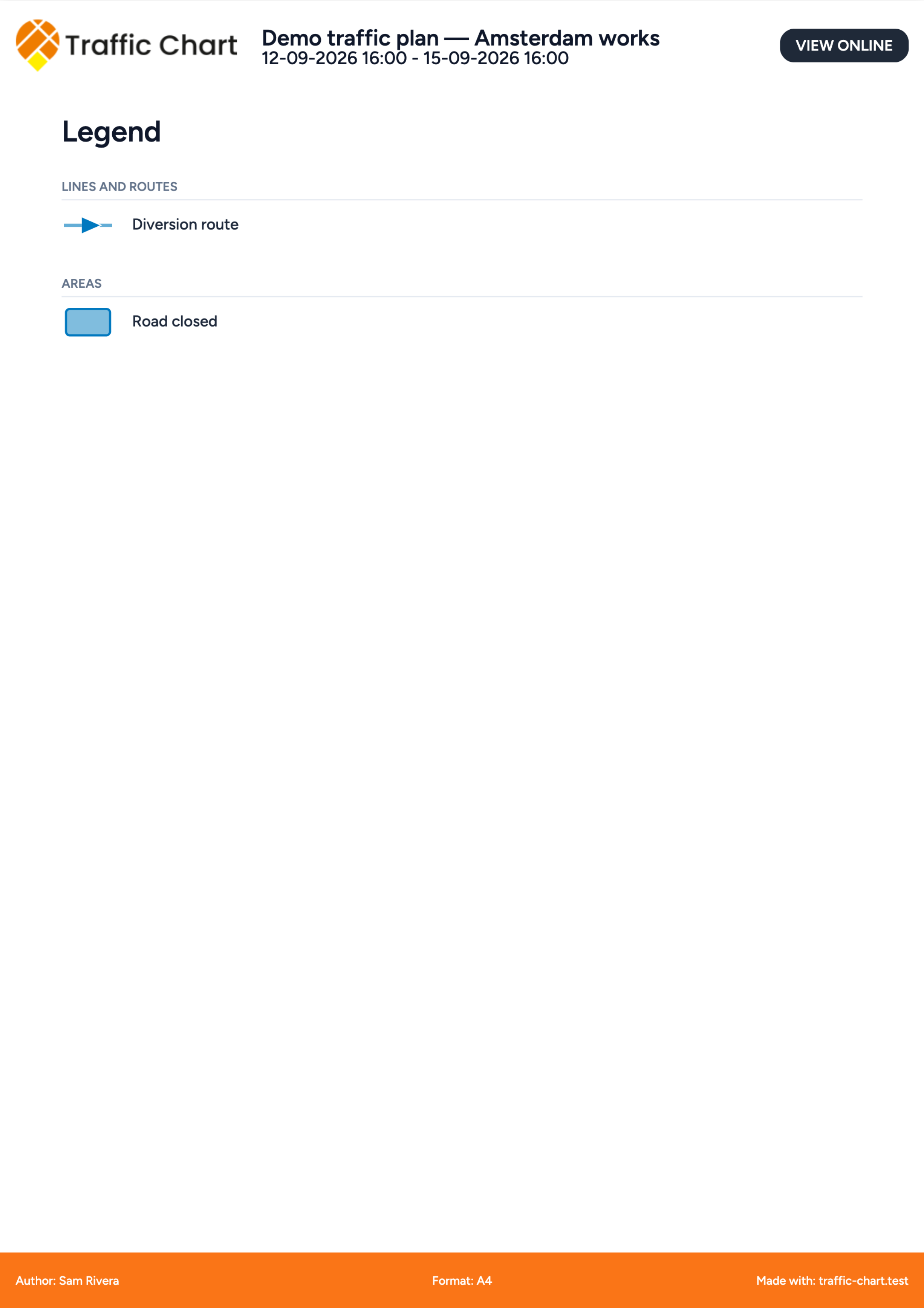 The legend page of the exported PDF, listing Diversion route and Road closed