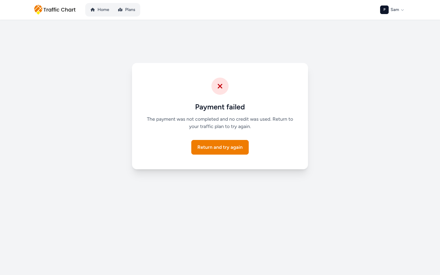 Payment status — Payment failed, Return and try again