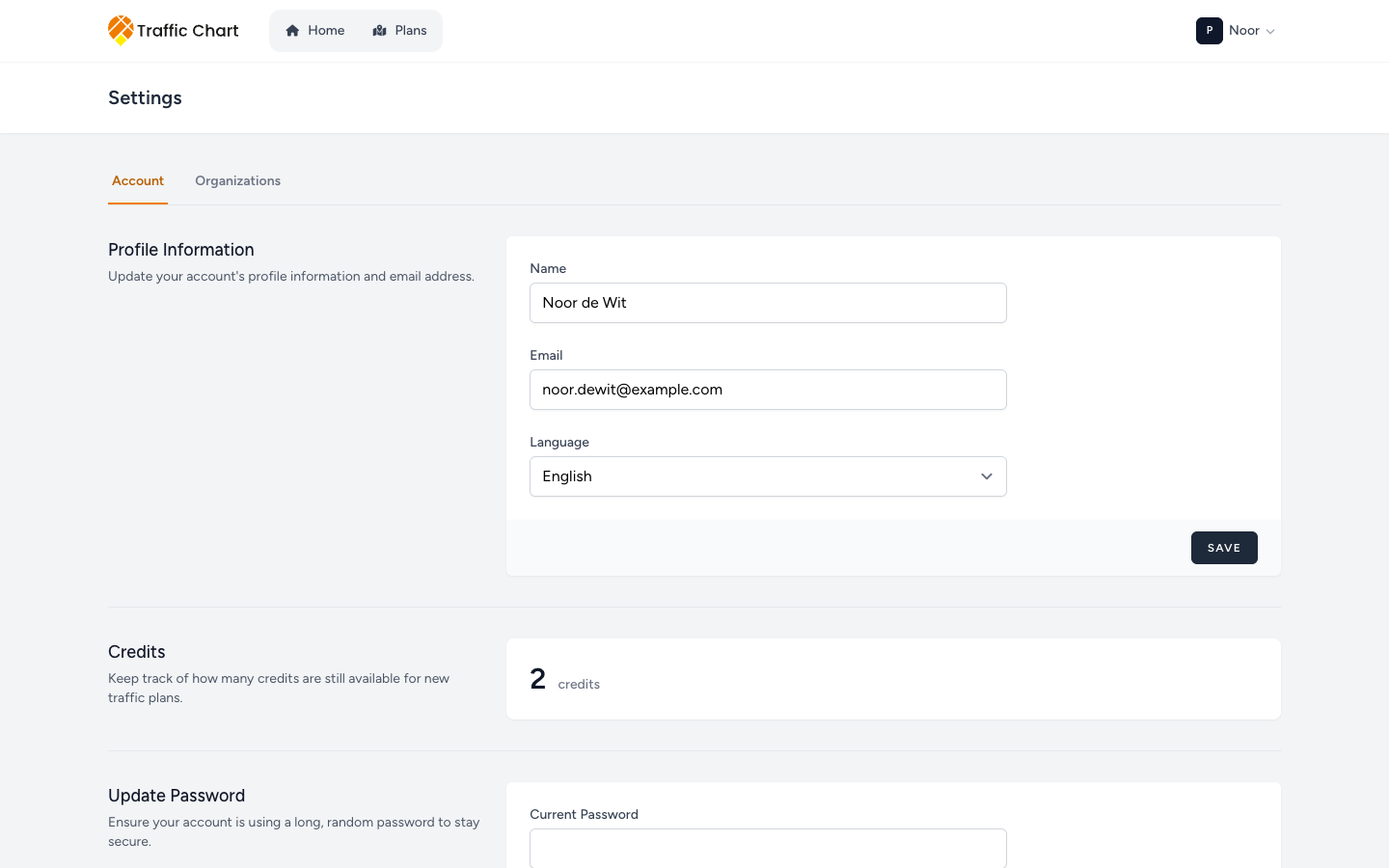 Settings with Account and Organizations tabs, Profile Information, and Company Logo
