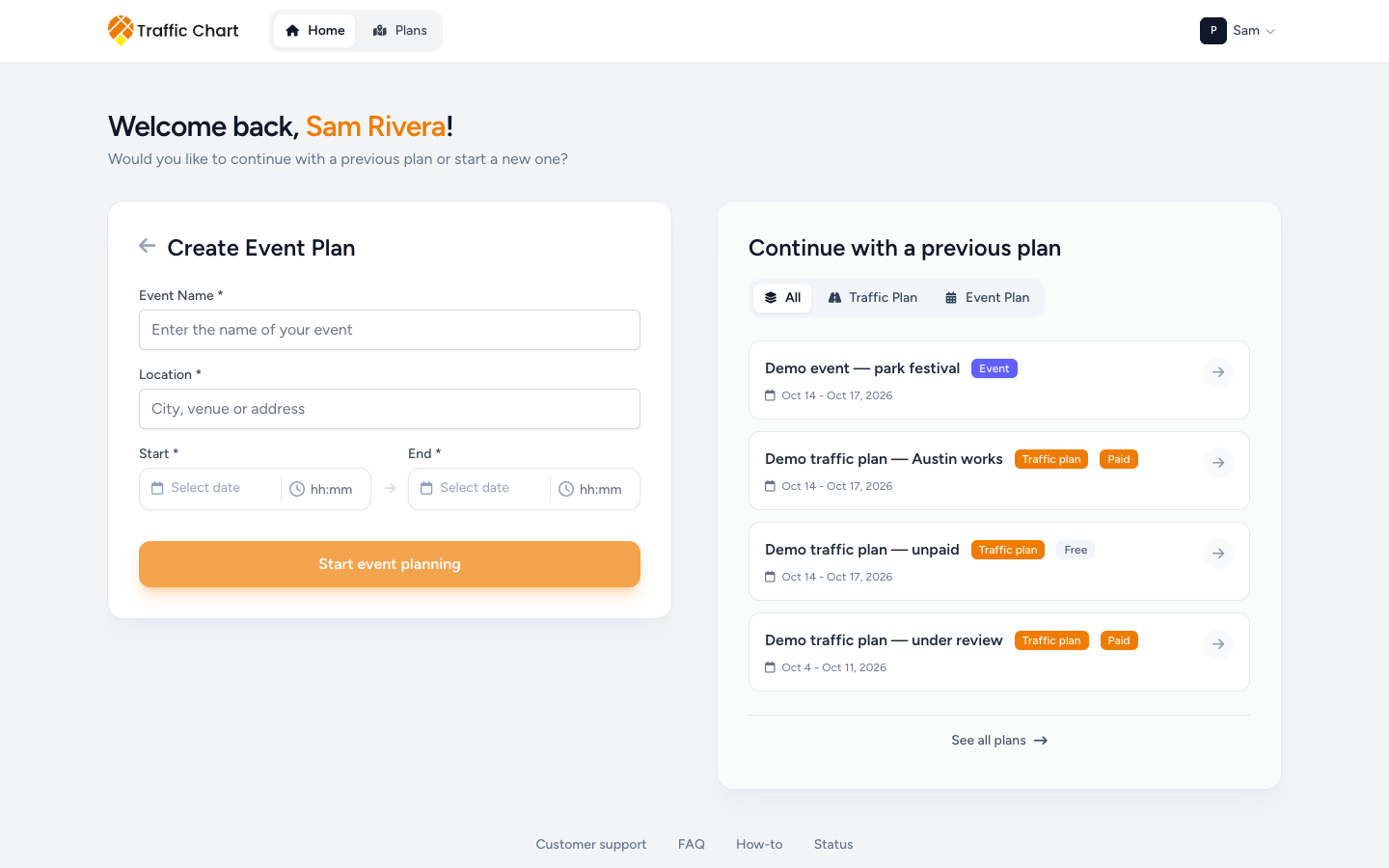 Create event plan form β Event Name, Location, Start, End, Start event planning