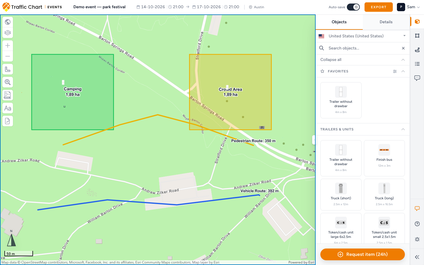 Event plan editor with a painted map, Objects catalog, and Request item (24h)
