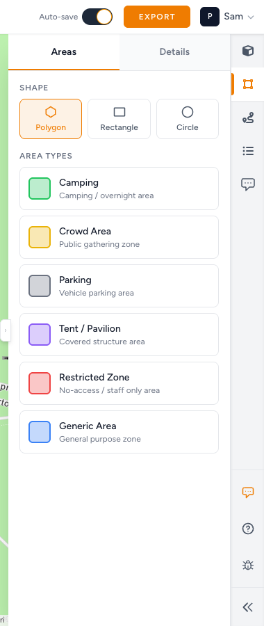 Areas panel listing the area types you can draw