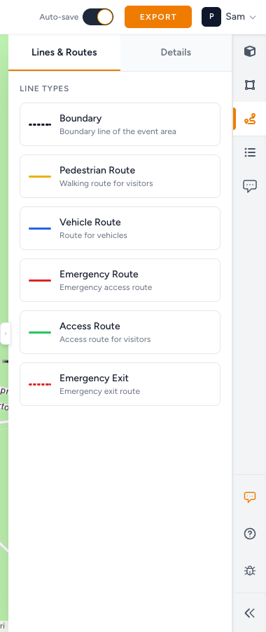 Lines and Routes panel listing the route types you can draw