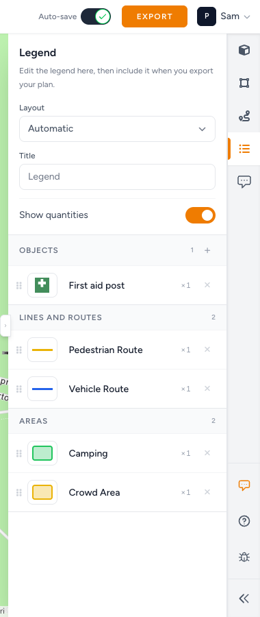 Legend sidebar — Title, Show quantities, Pedestrian Route, Vehicle Route, Camping, Crowd Area