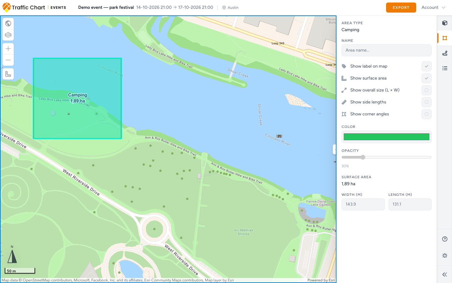 A visitor without an account on a shared event plan: the map, the plan's name and dates, and read-only Details for an area they clicked