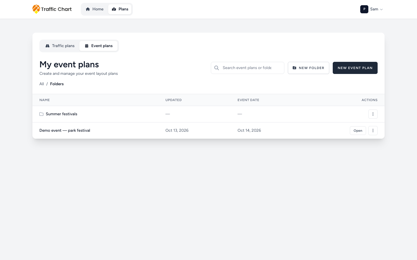 The event plans library with a folder and event plans, the search field, and New folder