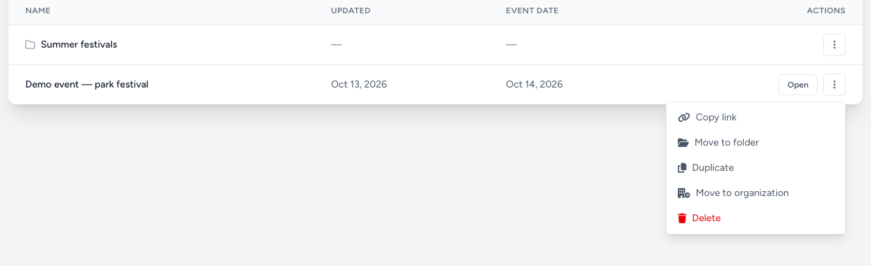 Actions menu on an event plan row: Copy link, Move to folder, Duplicate, Move to organization, Delete