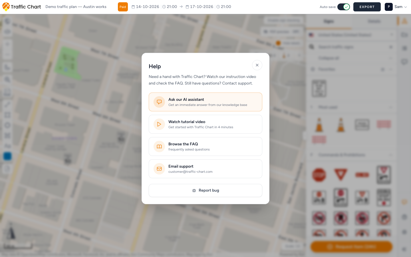 Help dialog with Ask our AI assistant at the top, above Watch tutorial video, Browse the FAQ, and Email support