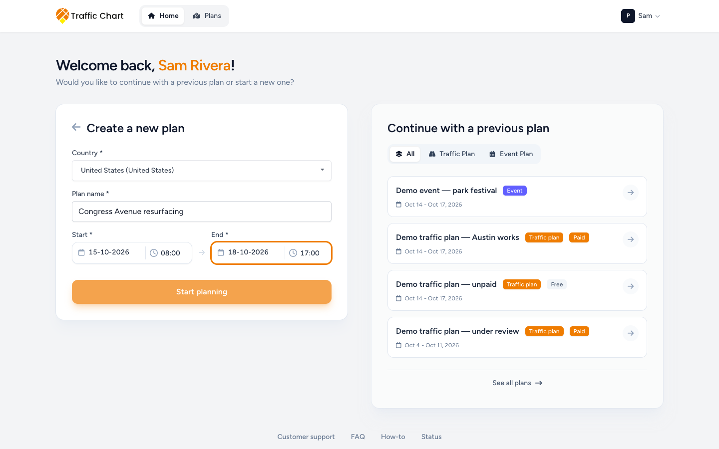 Create a new traffic plan form with Country, Plan name, Start, End, and Start planning