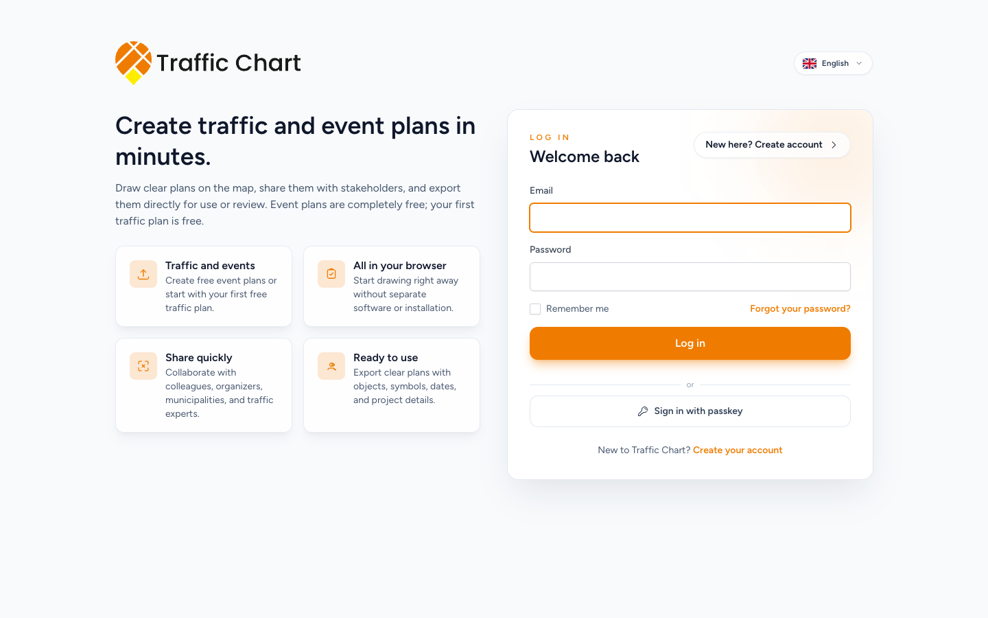 Login card with Email, Password, Log in, and Sign in with passkey