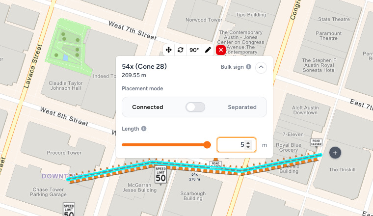 Toolbar on a selected bulk line: Move, Rotate line, 90°, Edit sign and Remove, above the line's quantity and placement mode