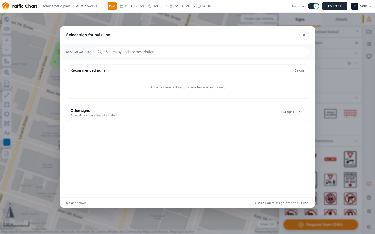 Select sign for bulk line with the search field and Recommended signs