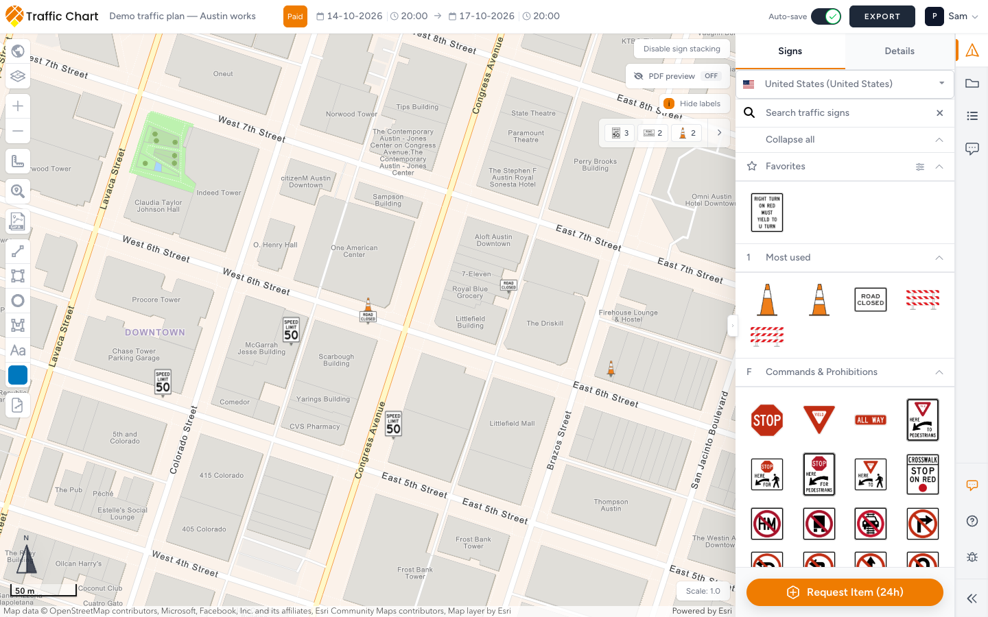 Traffic plan editor after the map has actually painted — Austin tiles visible