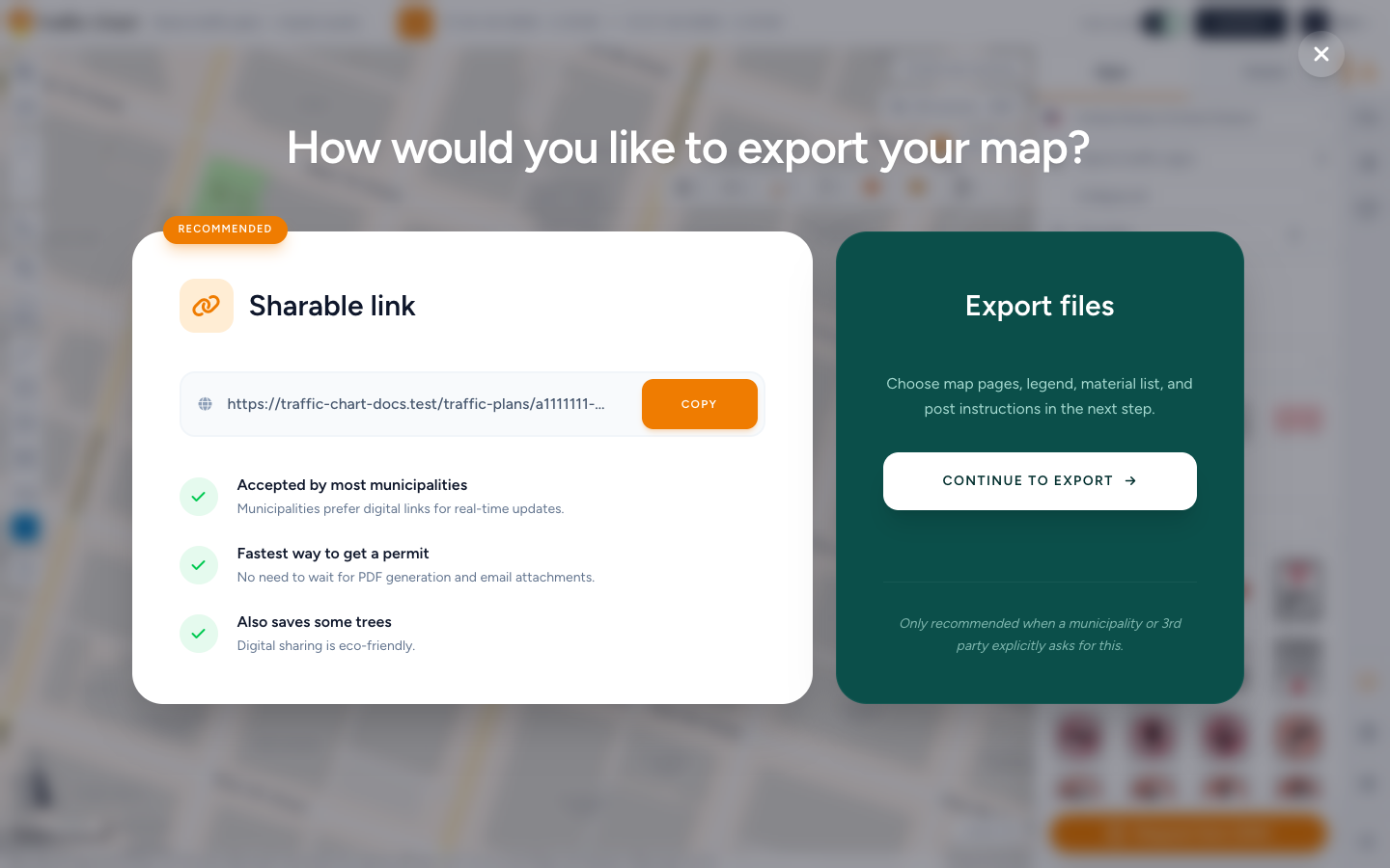 Export choice dialog — Sharable link versus Export files