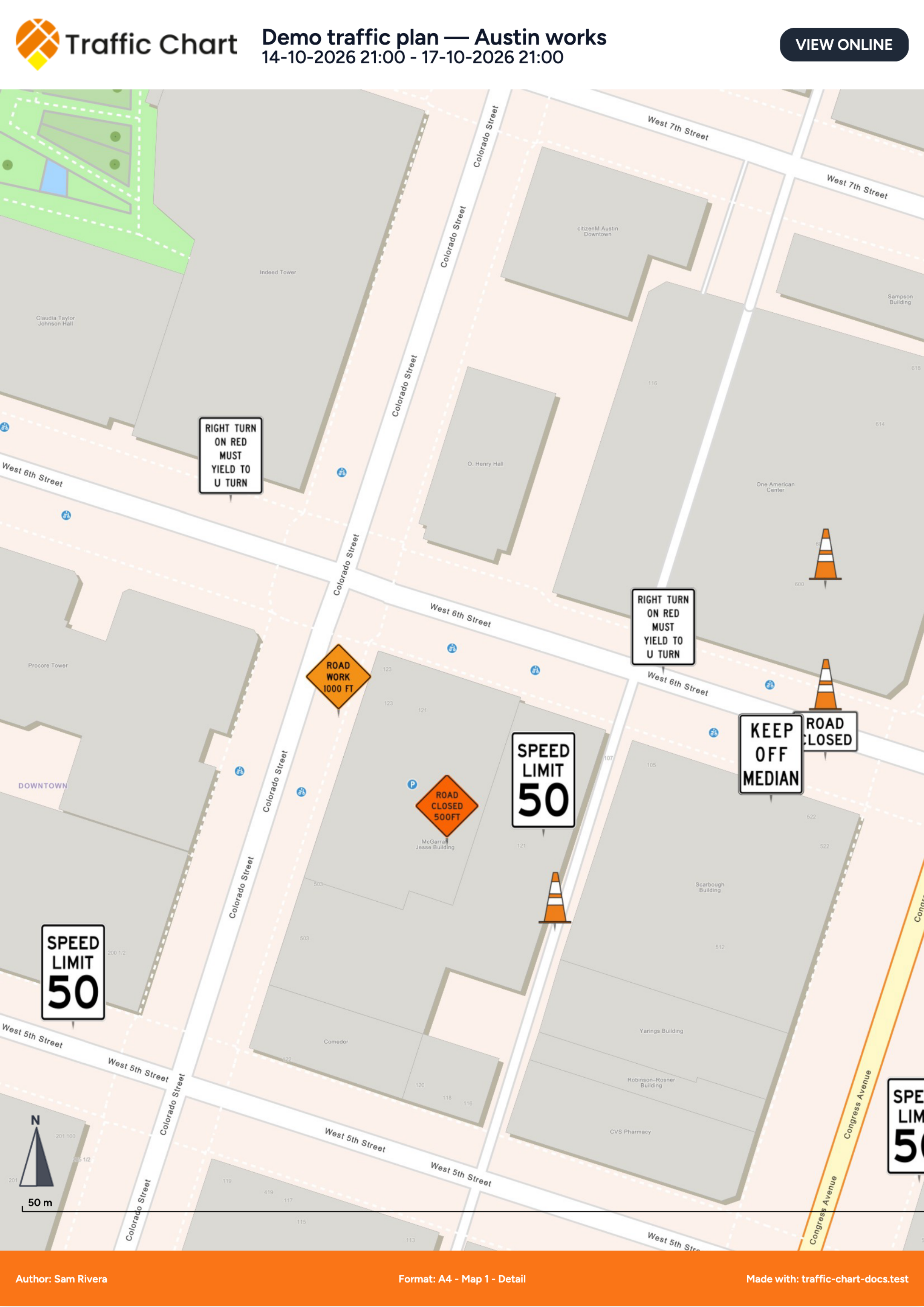 Exported PDF map page with the plan title, date range, scale bar, and north arrow