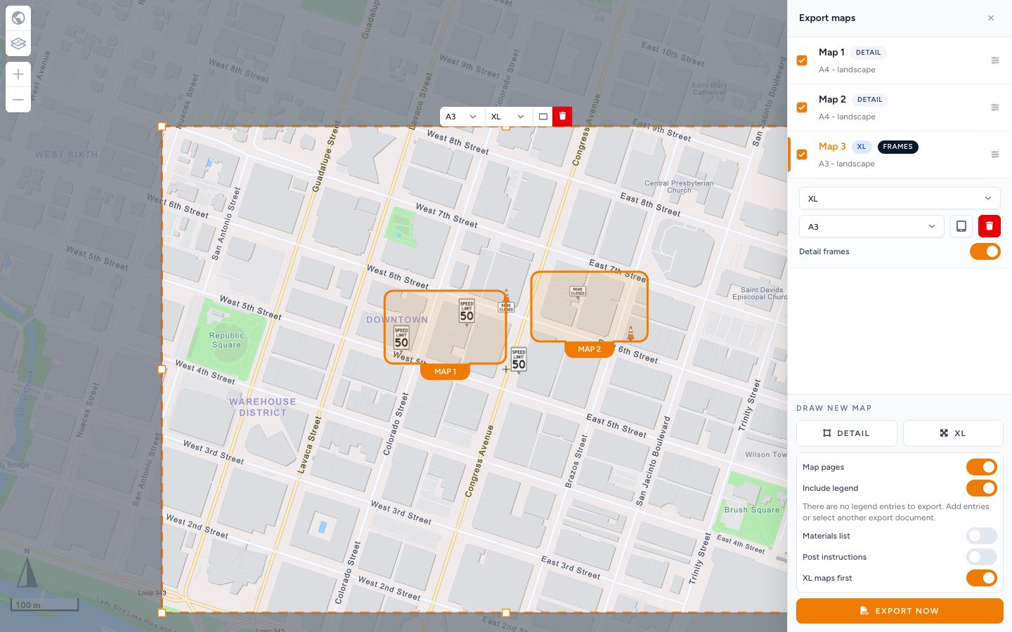 Export maps sidebar with Detail frames on for the XL map: Map 1 and Map 2 as Detail, Map 3 as XL with a Frames badge, and numbered MAP 1 and MAP 2 boxes drawn on the map