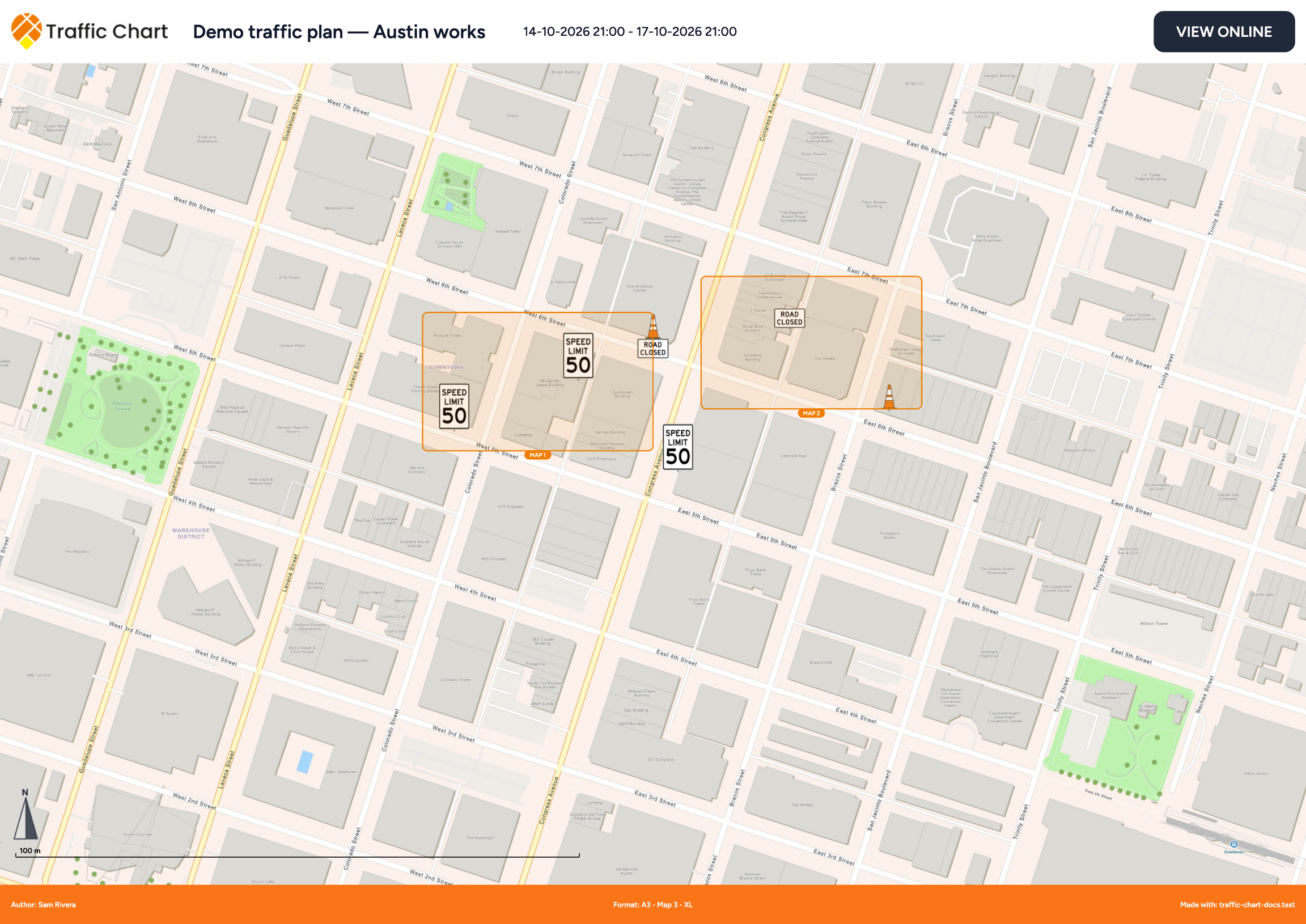 Exported PDF overview page: the XL map with orange numbered MAP 1 and MAP 2 boxes marking the two detail pages