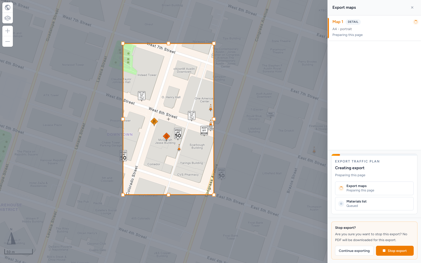 Export maps sidebar during a run, with the Stop export? card offering Continue exporting and Stop export