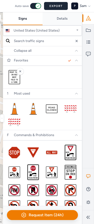 Favorites in edit mode, with a remove button on every starred sign