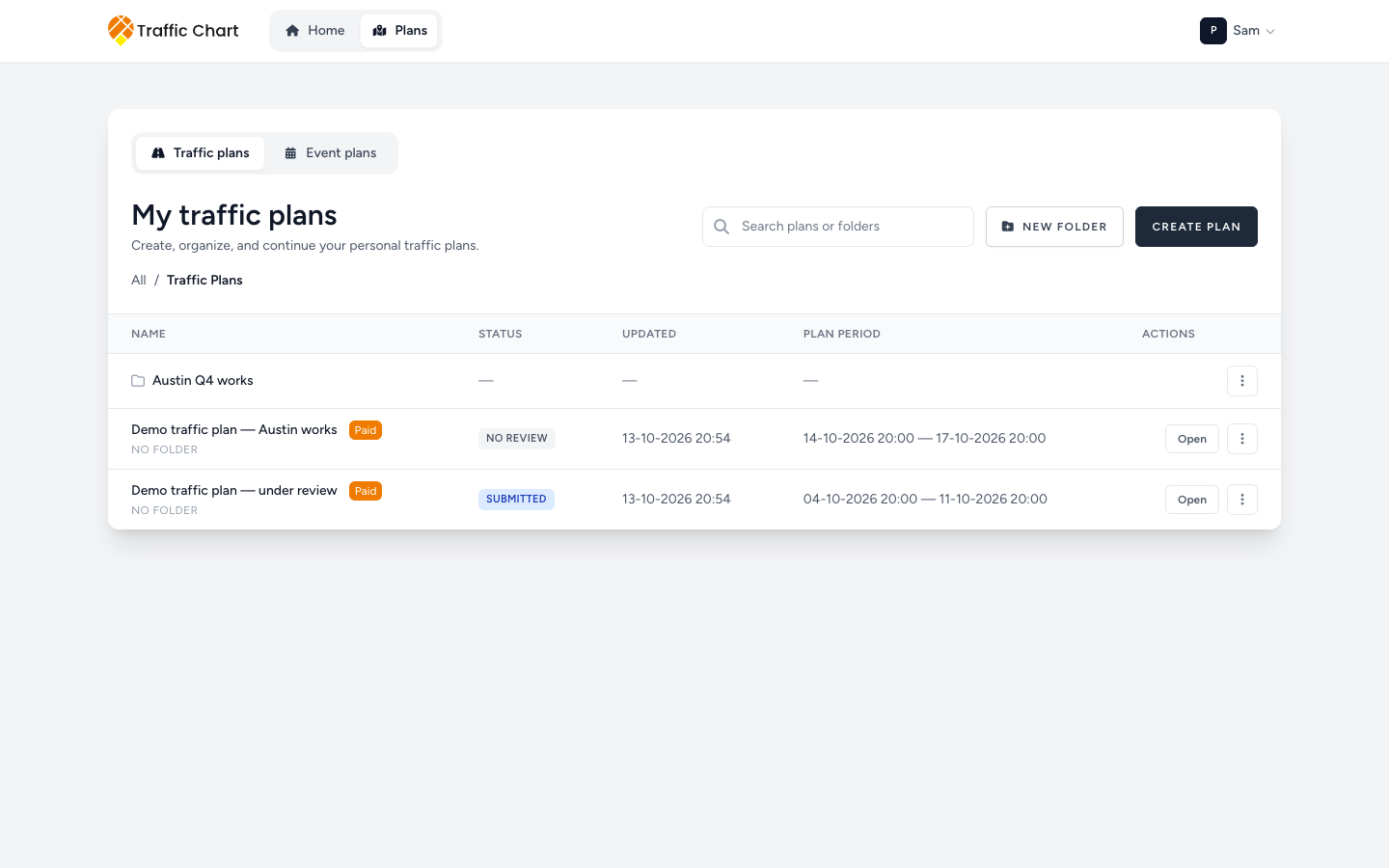 Plans library with search, New folder, Create plan, and the plans table