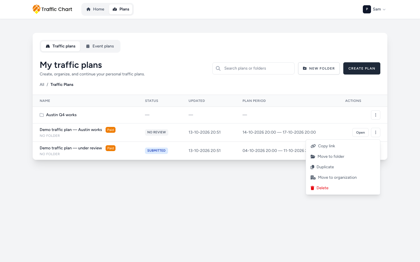 Plan actions menu with Copy link, Move to folder, Duplicate, and Move to organization