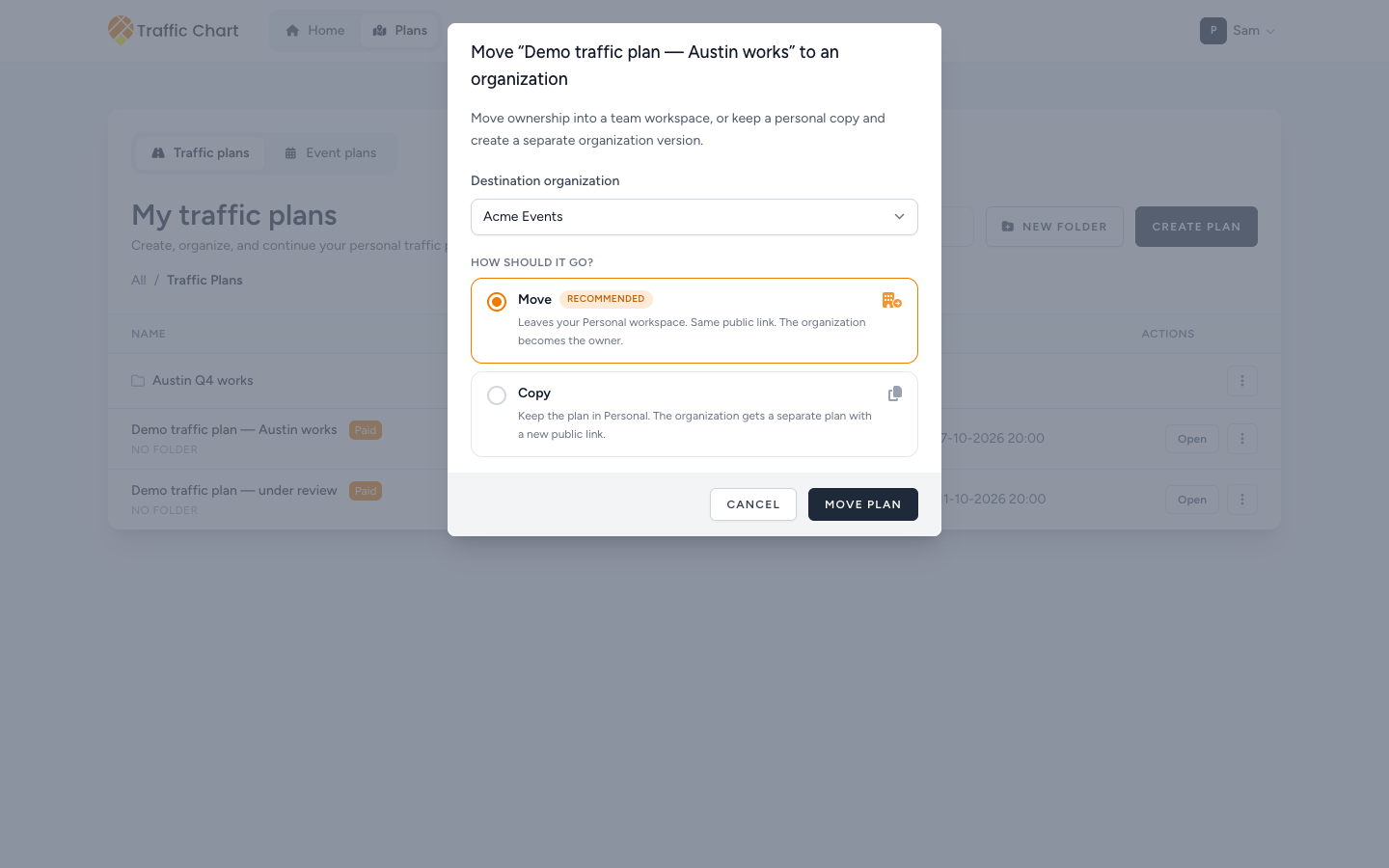Move “Demo traffic plan — Austin works” to an organization — Move recommended versus Copy