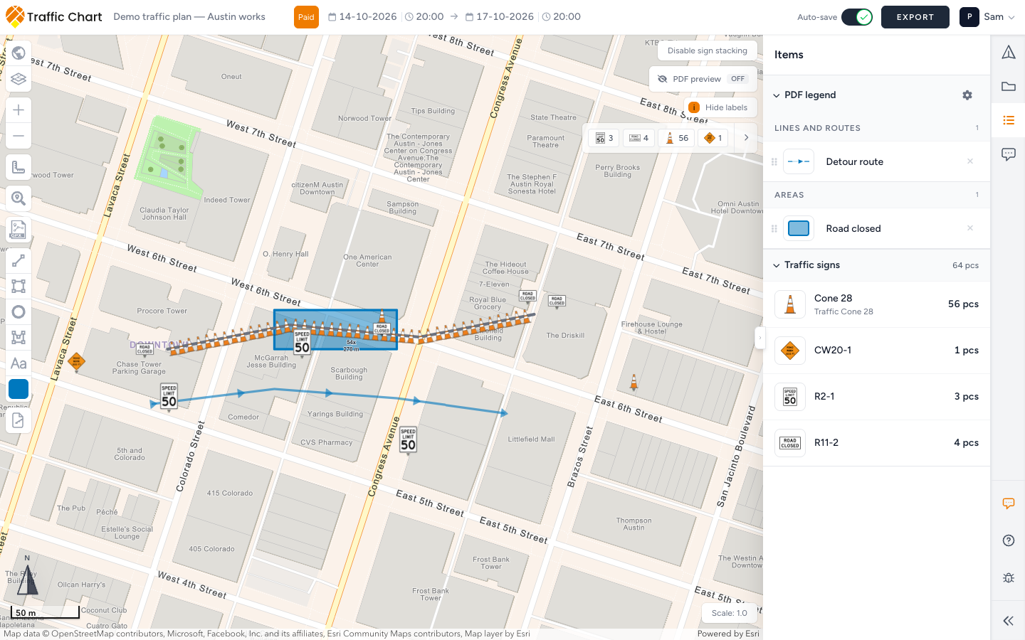 A finished detour plan: closed-road signs and a row of cones on the closed street, a detour line with arrows along the next street, and the Legend reading Detour route and Road closed